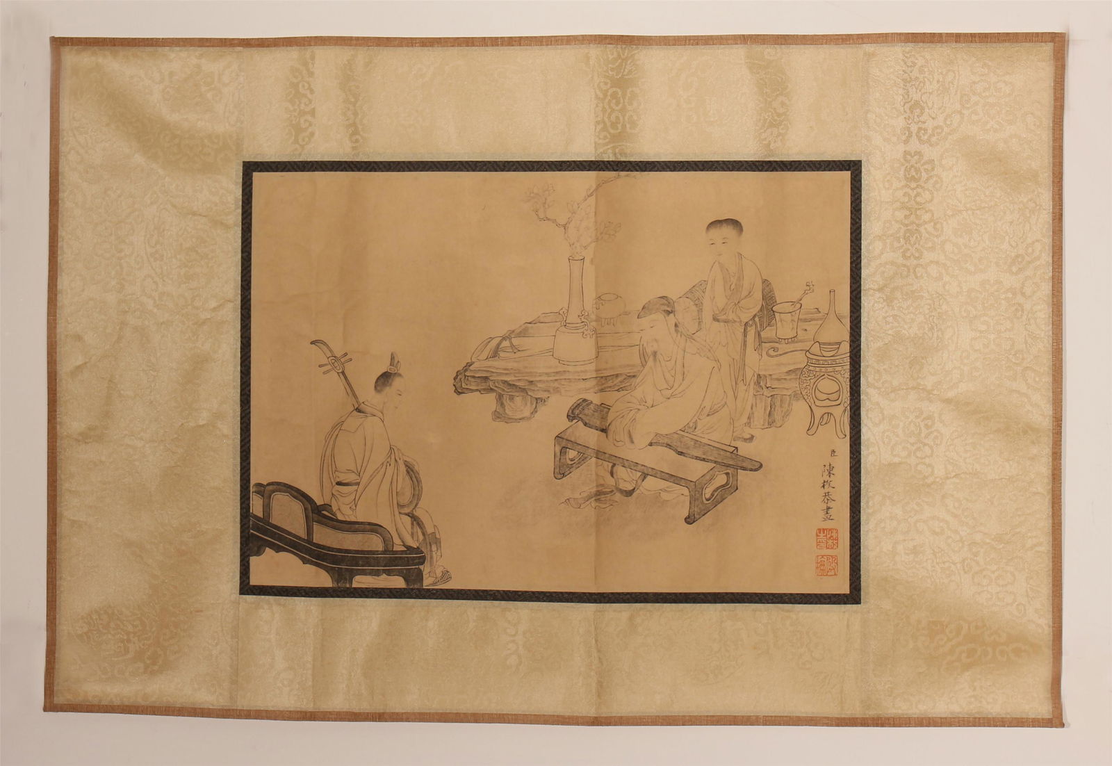 A CHINESE SCROLL PAINTING OF FIGURES BY CHEN MEI (1 of 6)