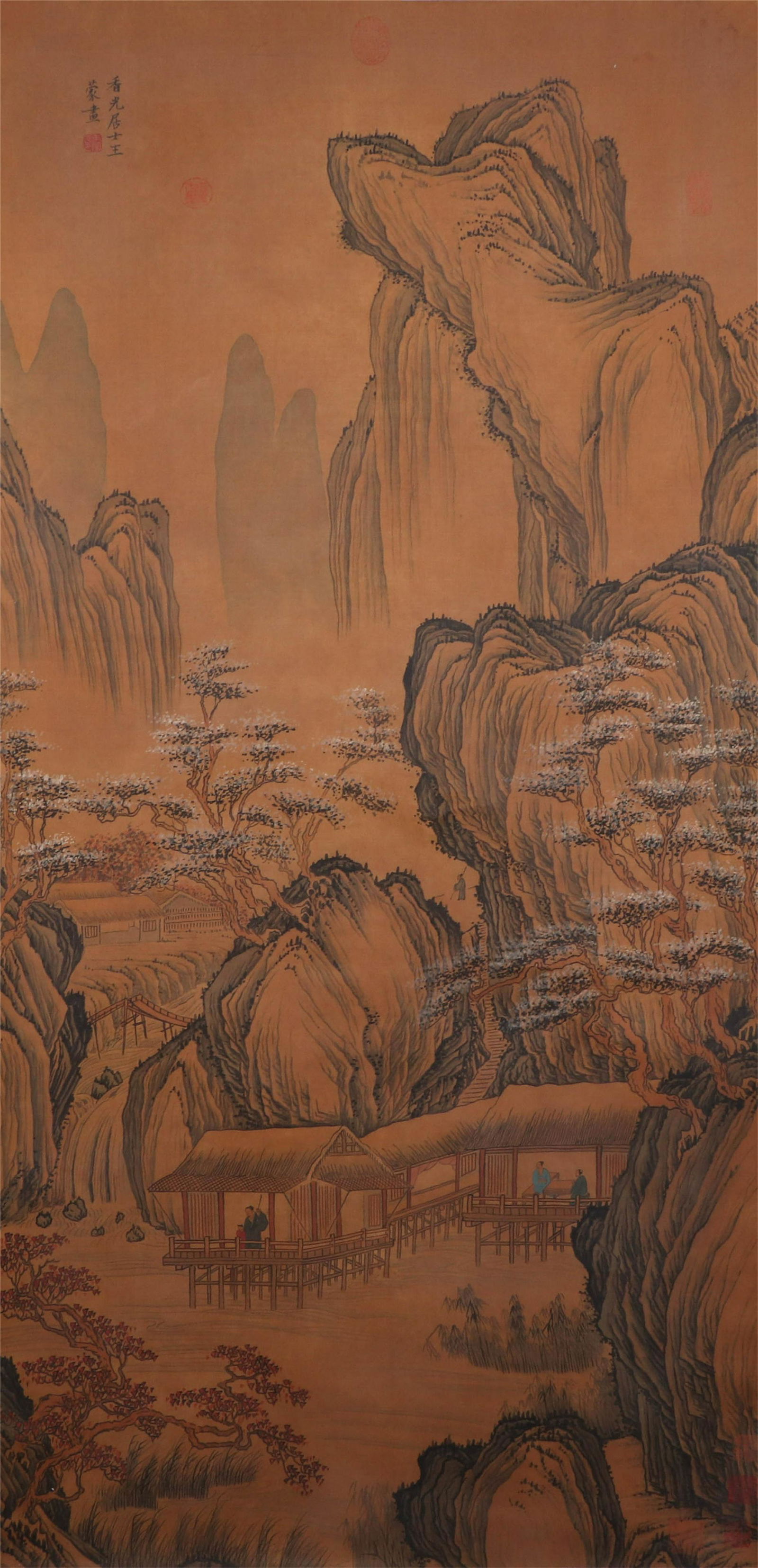 CHINESE SCROLL PAINTING OF MOUNTAIN VIEWS BY WANG MENG: CHINESE SCROLL PAINTING OF MOUNTAIN VIEWS BY WANG MENG. Image only size 103 cm by 62 cm. We pack and deliver all buyers packages. Shipping cost $30 to US address and $100 for International delivery. M