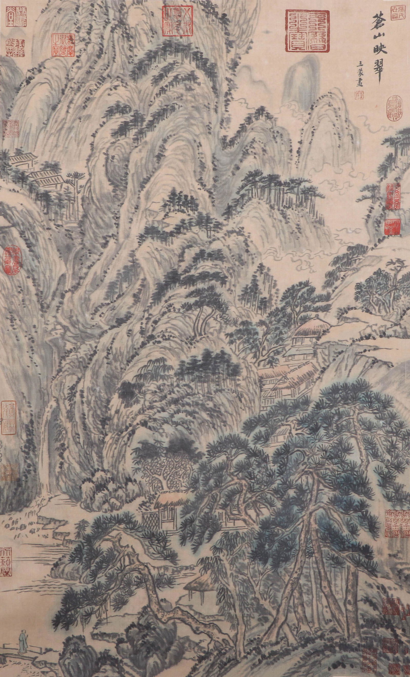 CHINESE SCROLL PAINTING OF MOUNTAIN VIEWS BY WANG MENG: CHINESE SCROLL PAINTING OF MOUNTAIN VIEWS BY WANG MENG. Image only size 91 cm by 63 cm. We pack and deliver all buyers packages. Shipping cost $30 to US address and $100 for International delivery. Mo