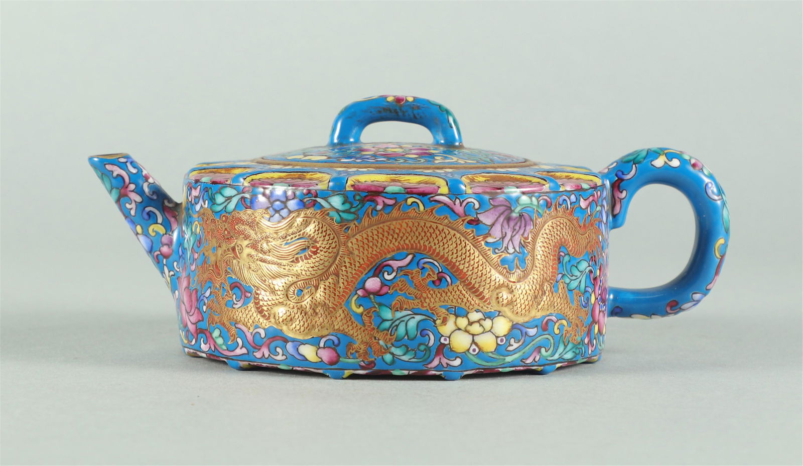 CHINESE ZISHA CLAY TEA POT WITH PAINTED ENAMEL DRAGON (1 of 9)