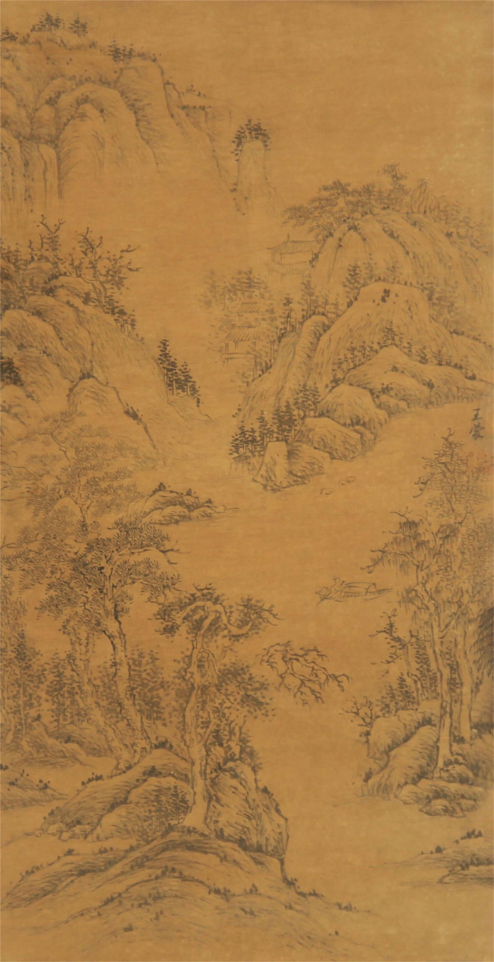 CHINESE PAINTING OF PINES IN MOUNTAINS BY WANG MENG: Image only size 86 cm by 44 cm.