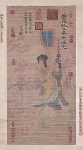 CHINESE PAINTING OF FIGURE OF COURT LADYS BY ZHANG YU: Image only size 128 cm by 63 cm.