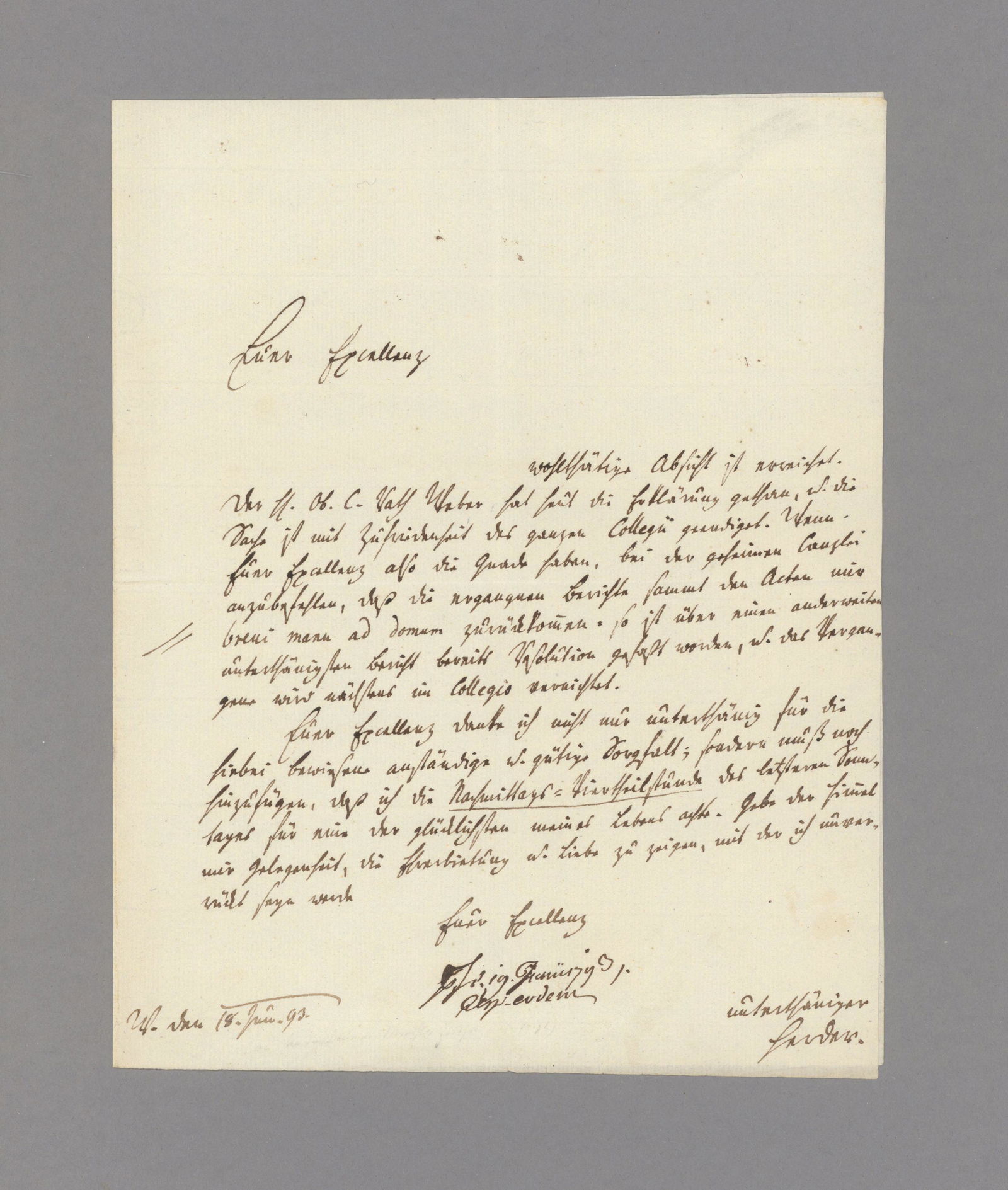 * HERDER, Johann Gottfried, 1744 – 1803.: * HERDER, Johann Gottfried, 1744 – 1803 E. Br. m. U. W(eimar) 18.VI.1793. 1 S. gr.-4° An (den weimarischen Leitenden Minister Jakob Friedrich von F r i t s c h ) in einer amtlichen, den Dir