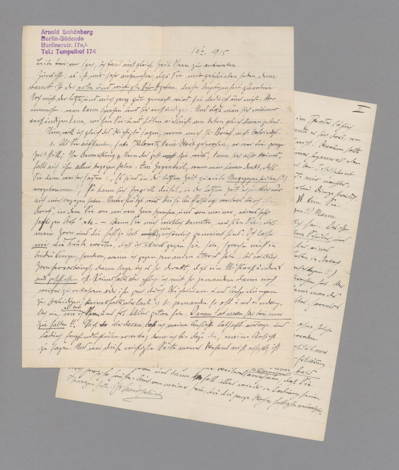 SCHÖNBERG, Arnold, 1874 – 1951.: SCHÖNBERG, Arnold, 1874 – 1951 Eigenhändiger Brief m. U. Berlin 16.II.1915. 3 S. gr.-4°. Mit Adressstempel „Arnold Schönberg / Berlin-Südende … am Kopf. Eng