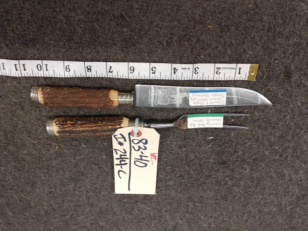 Schmidt & Ziegler Stag Handle Meat Fork & Knife: Schmidt & Ziegler Stag Handle Meat Fork & Knife 83.40 Vintage set Engraved Solingen Germany