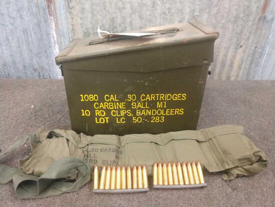 360 Rounds Of Military 30 Carbine Ammo: 95.5 In 10 round stripper clips with ammo can