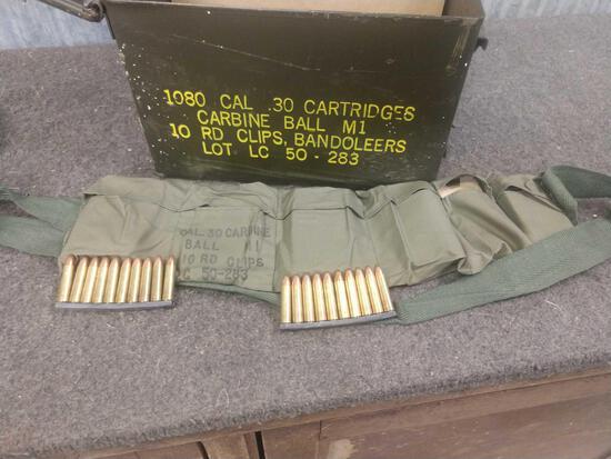 360 Round Of Military 30 Carbine Ammo: 95.6 In 10 Round stripper clips in ammo can