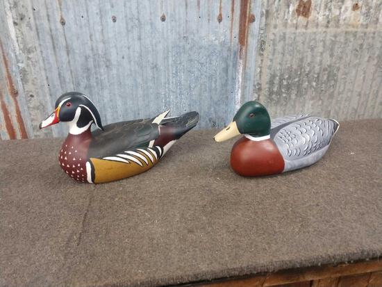 2 Modern Hand Carved Duck Decoys: 26.4 One signed by the artist JJ Smith 1982