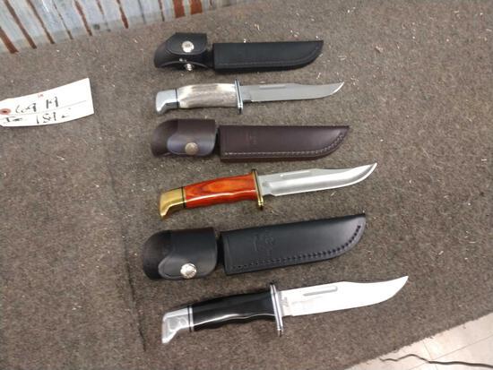 3 Buck # 119 Fixed Blade Knives: 69.19 New old stock knives with original sheaths with Stag , Cocobolo , & Phenolic Handles All in new condition