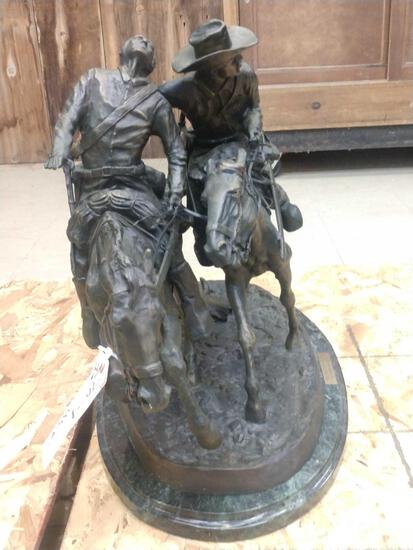 Frederick Remington Bronze The Wounded Bunkie: 70.9 Weighs 175-200 lbs Early Production Run Comes with appraisal certificate from 1988 stating it is a Lost Wax Sculpture Recast with an appraised value of $6500 Signed & Numbered 34/100 with great p