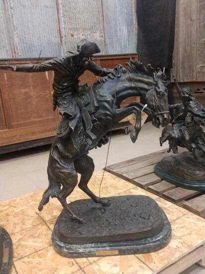 Frederick Remington Bronze The Bronco Buster: 70.8 Early Production Run Weighs about 200lbs Signed & Numbered 36/100 Comes with an appraisal certificate from 1986 stating it is a Bronze Lost Wax Sculpture Recast with an appraised value of $6500 .
