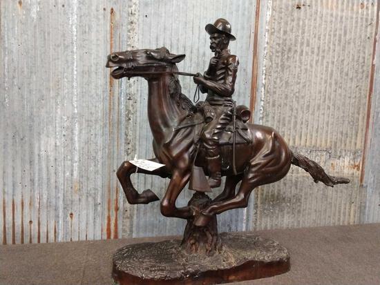 Frederick Remington Bronze The Trooper Of The Plains: 70.6 Weighs about 75-80 lbs great look overall dimensions about 35" tall x 36" long x 10" wide at the base