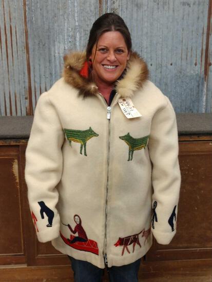 Vintage Inuit Wool Hand Stitched Coat: 44.39 Hand made & embroidered By Alaskan Inuit Indians The hood is trimmed with wolverine fur Neat coat probably about a XL size