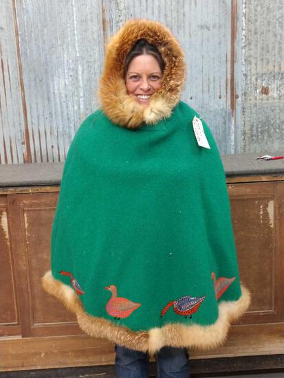 Vintage Inuit Made Wool Poncho With Hood: 44.38 Trimmed with Red Fox Fur & Hand embroidery by alaskan Inuit Indians about XL size