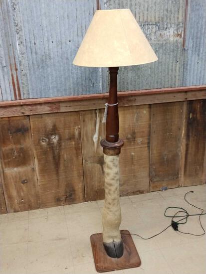 Giraffe Leg Floor Lamp Taxidermy: 21.31 Made from the 4th leg from the giraffe table in the previous lot trimmed with mahogany wood & hand hammered copper