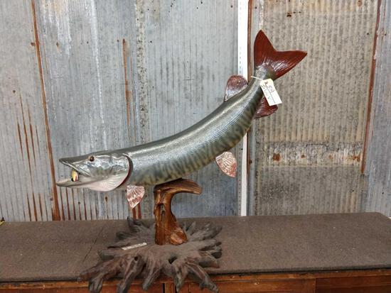 49" Muskie Reproduction Fish Taxidermy: 5.9 Neat table top pedestal display about 39" tall x 50" long x 26" wide