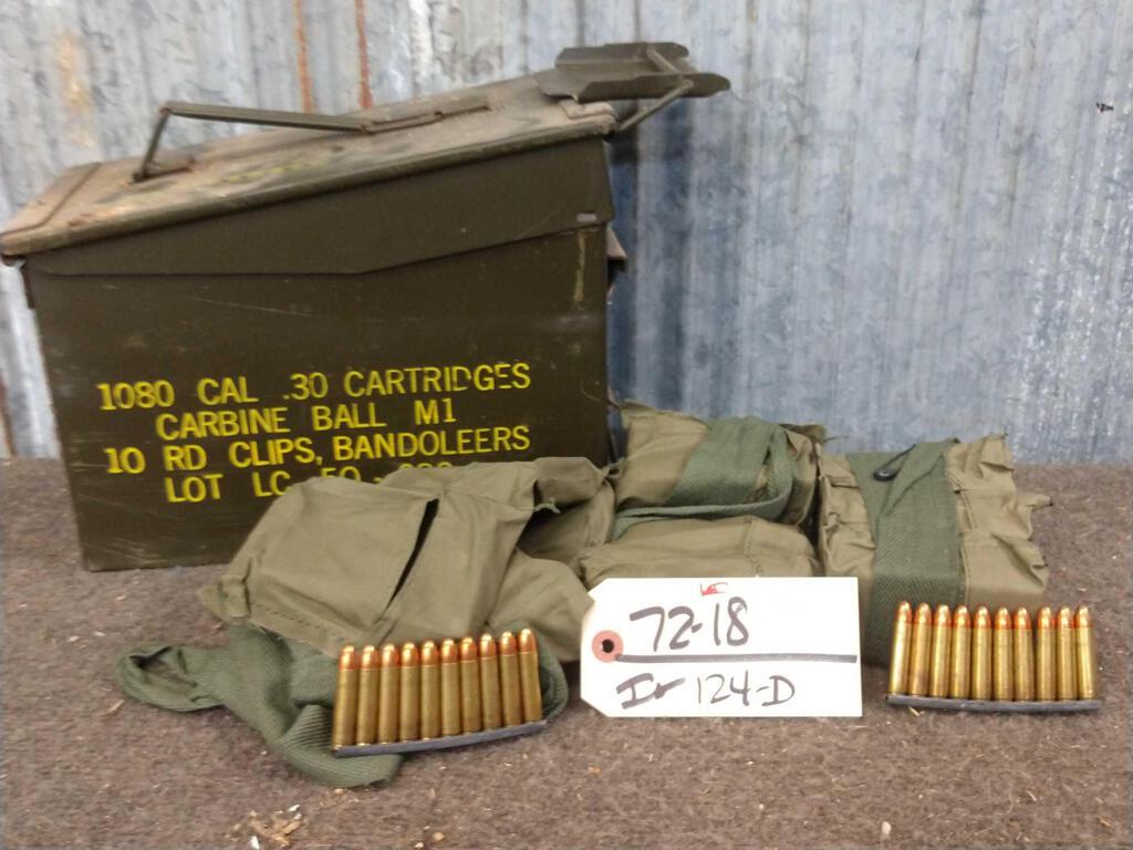 360 Rounds Of 30 Carbine Ammunition: 72.18 Military ammo in 10 round stripper clips with original can