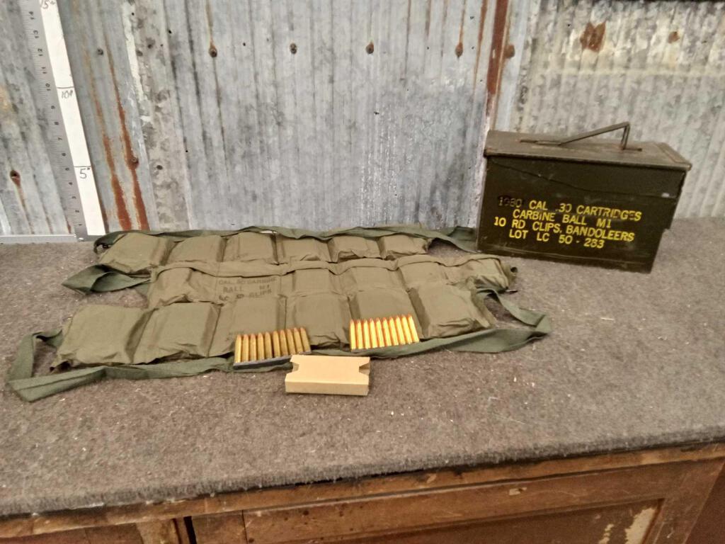 360 Rounds Of 30 Carbine Military Ammunition: 103.19 In 10 round stripper clips & Bandolier belts in original Ammo can