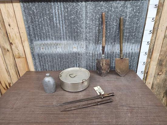 Vintage Military Lot: 39.8 Includes 2 trenching tools , bayonet canteen & canister dated 1944