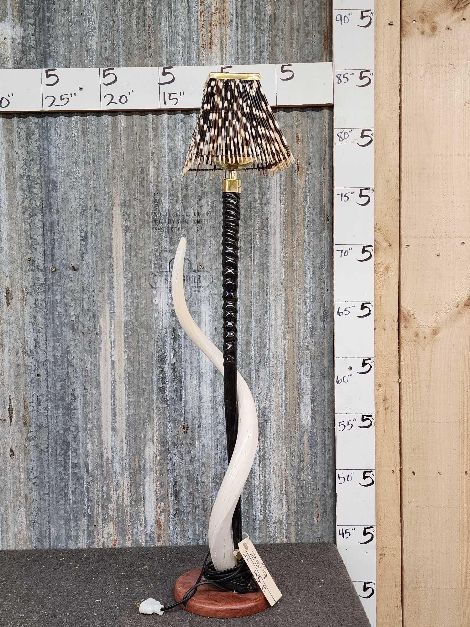 Kudu & Gemsbok Horn End Table Lamp Taxidermy: 23.9 Hand Made in Africa from polished Gemsbok horn & accented with Kudu inner Horn bone polished to a high sheen with African porcupine quill shade