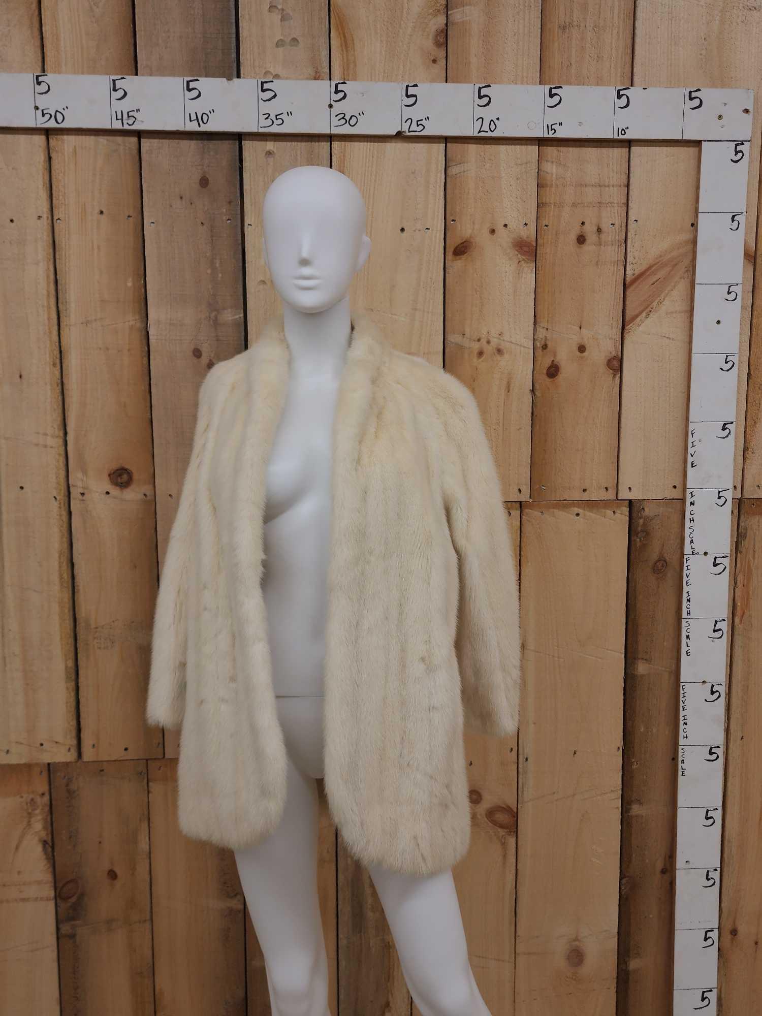 White Mink Stephen Burrows Designer Waist Length Fur Coat: 17.38 Stephen Burrows Designer Great Condition with inside & outside pockets about size 3 maybe a little bigger shoulder to cuff about 21" shoulder to shoulder about 18"
