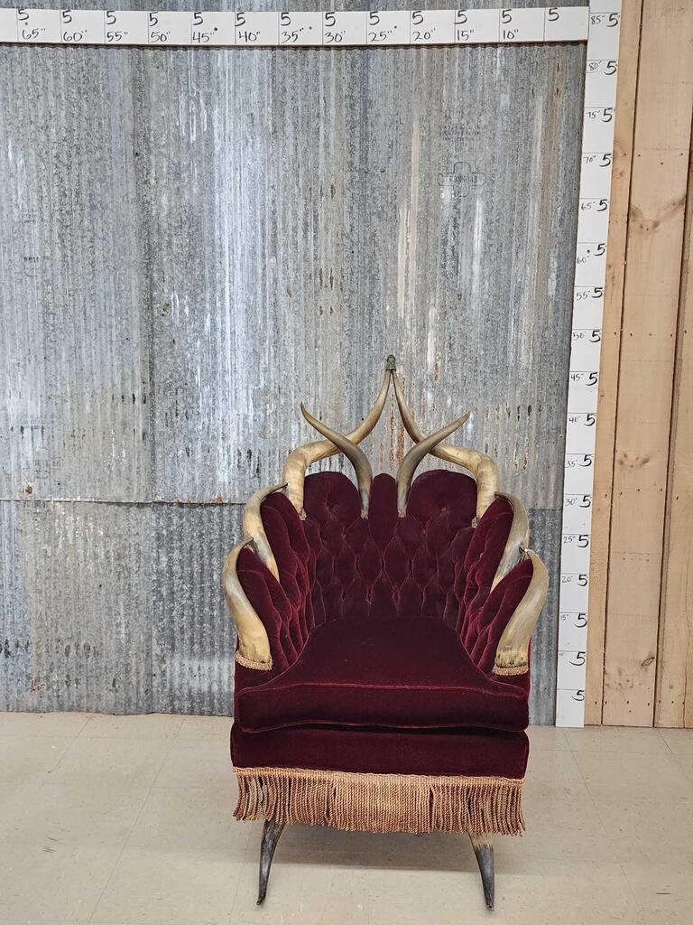 Antique Cattle Horn Occasional Chair: 80.1 Early well constructed one of a kind piece with older re upholstery restoration in crushed velvet this piece dates from late 1800s to early 1900s great solid condition for its age