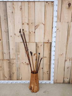 6 Hand Made Walking Sticks & Hand Carved Holder: 43.130 Includes 2 carved elk antler handles One money buys the lot !