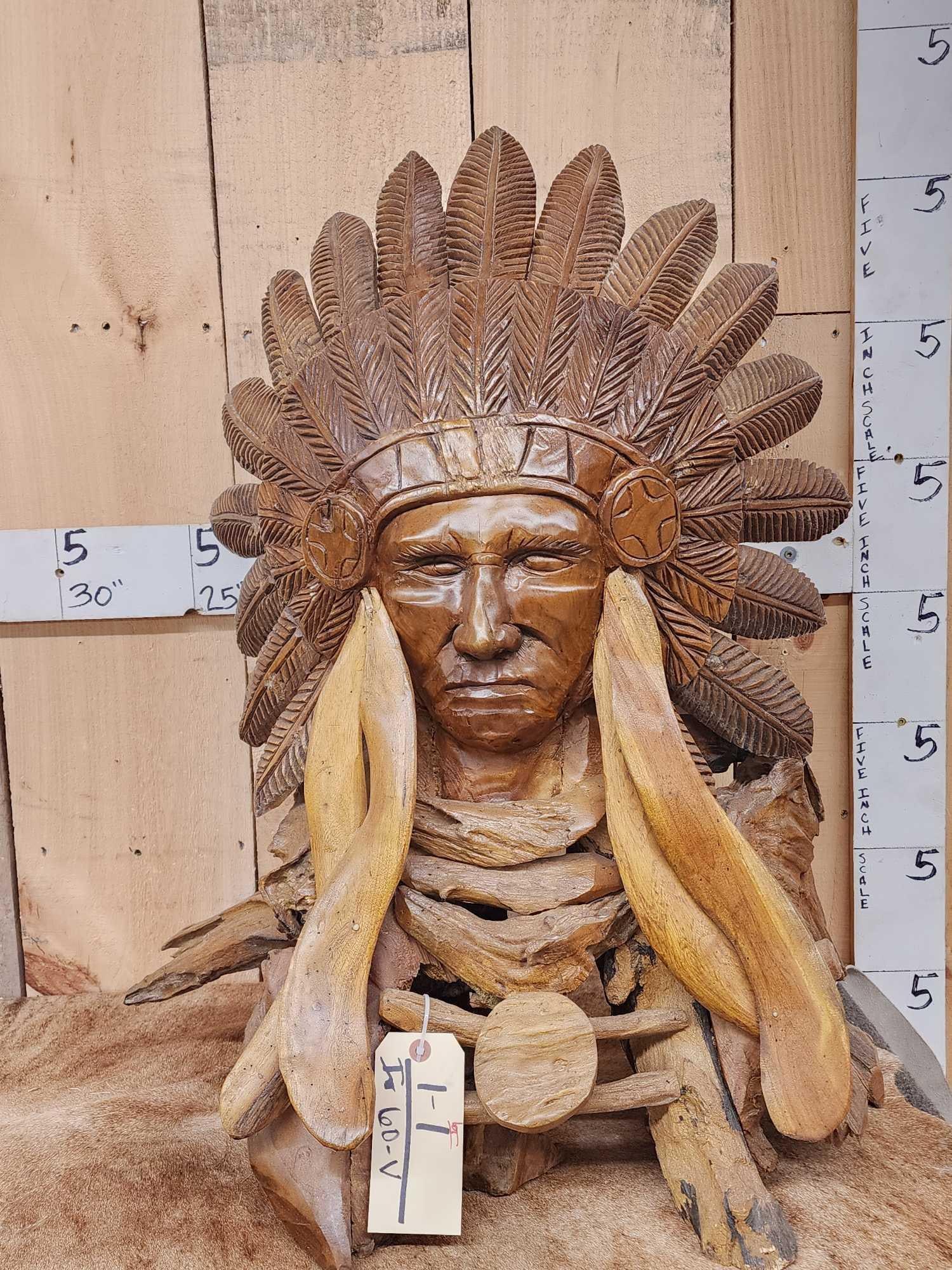 Wooden Indian Warior Chief Bust Auction