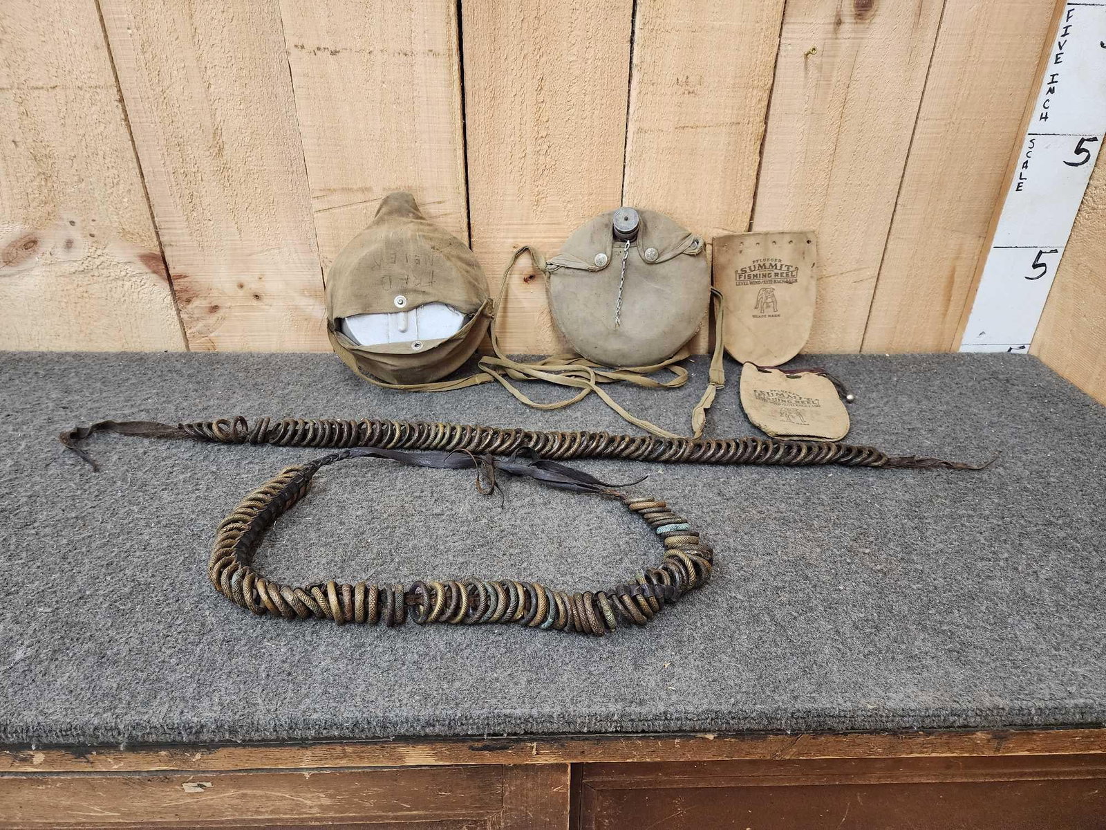 2 Antique African Money / Prayer Belts & More: 4.7 Includes mess kit cantine & Phlueger fishing reel pouches nice vintage lot !