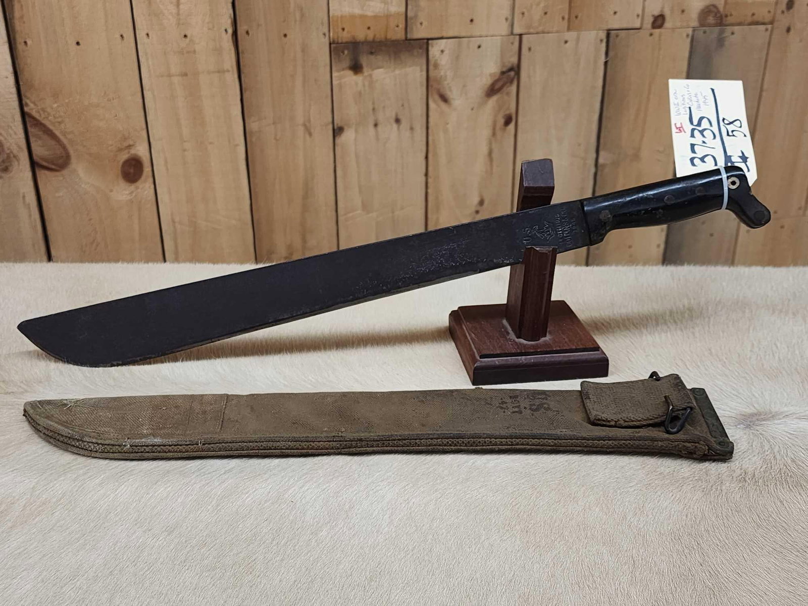 WWII Era Machete With Sheath: 37.35 Marked Legitimus Collins Co. Dated 1945 marked U.S.