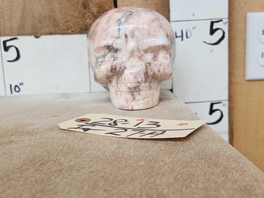 Hand Carved Human Skull In Strawberry Jasper Stone