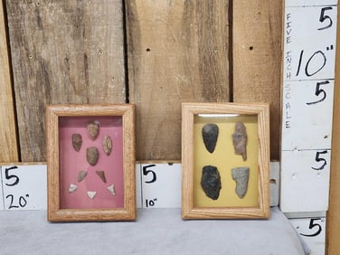 2 Frames Of Arrowheads & Stone Tools Native American Artifact