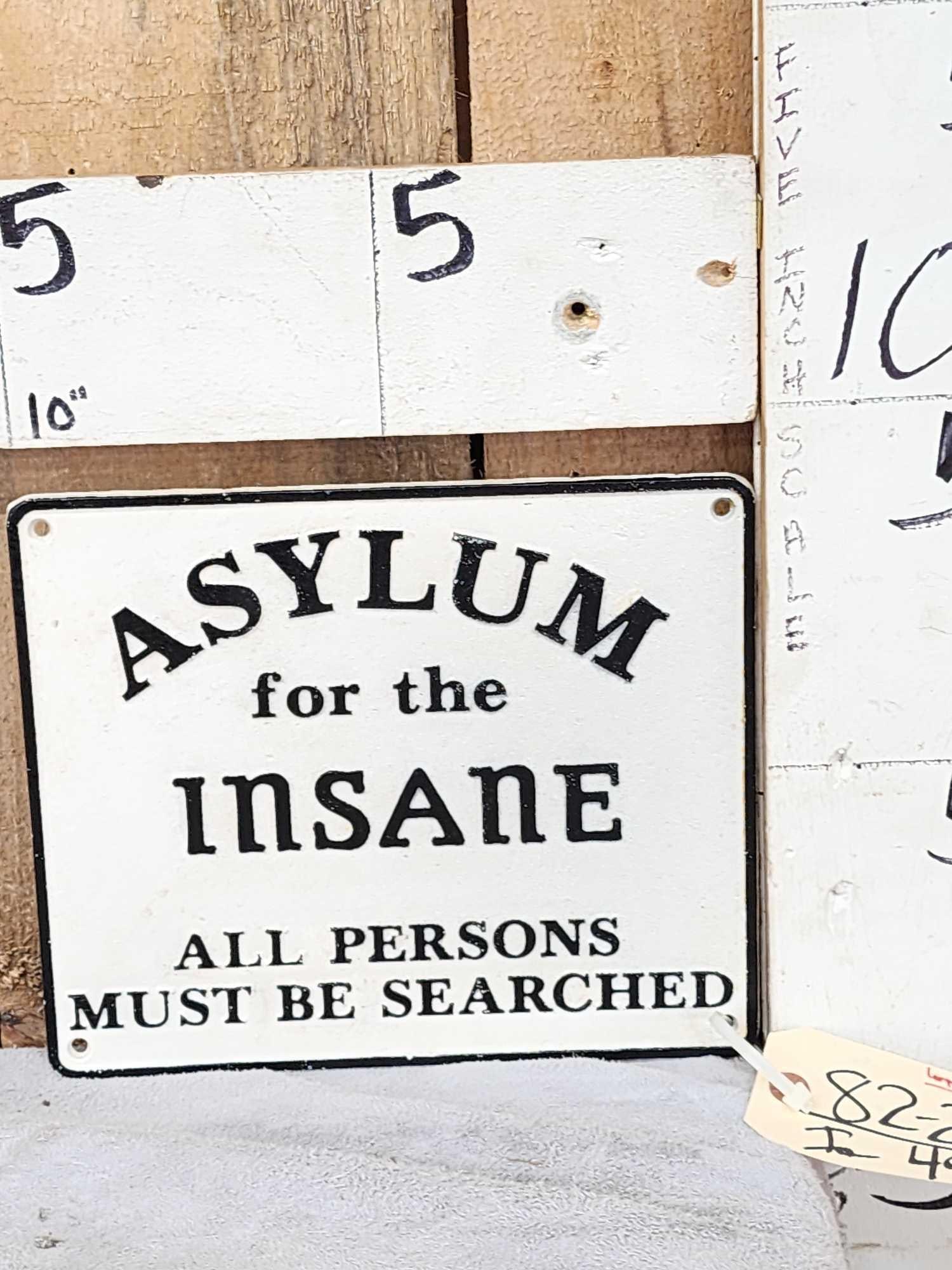 Asylum For The I sane Cast Iron Sign: 82.2 Great Oddities Curiosity piece raised letters
