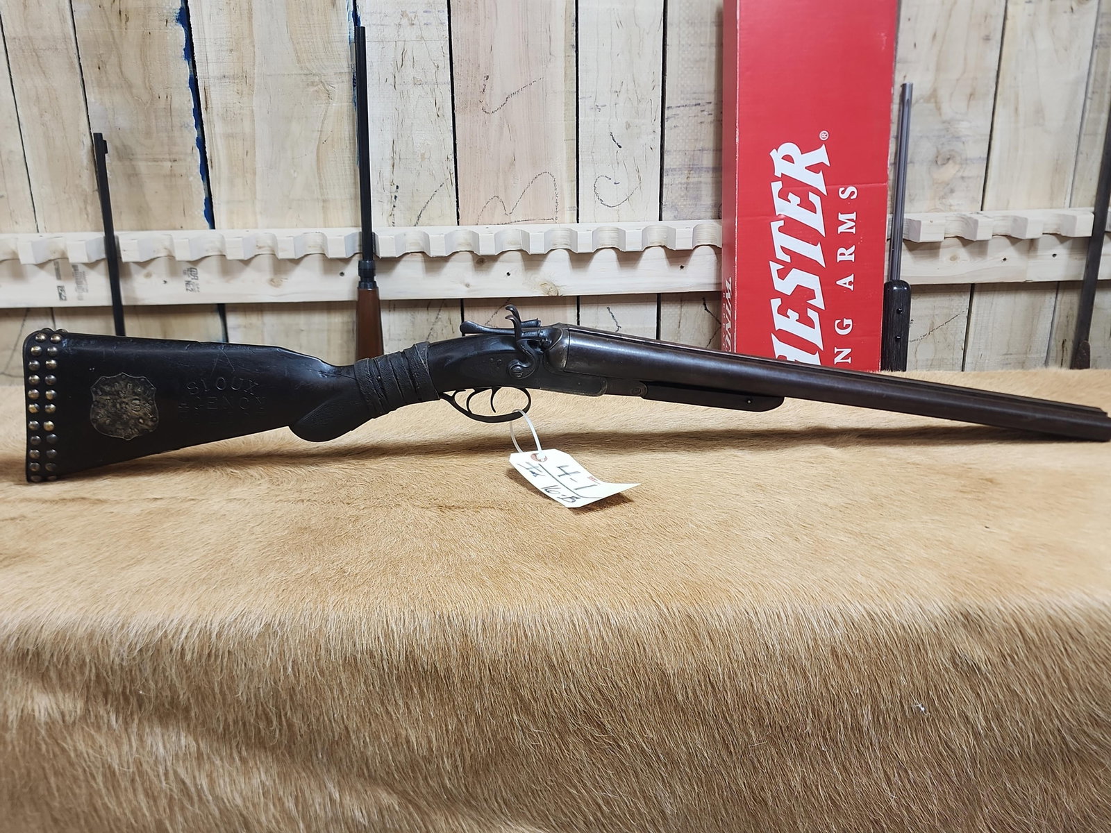 Antique W Richards Double Barrel 12ga: 4.1 Neat pice marked Sioux Agency police with spotted stock SN NA