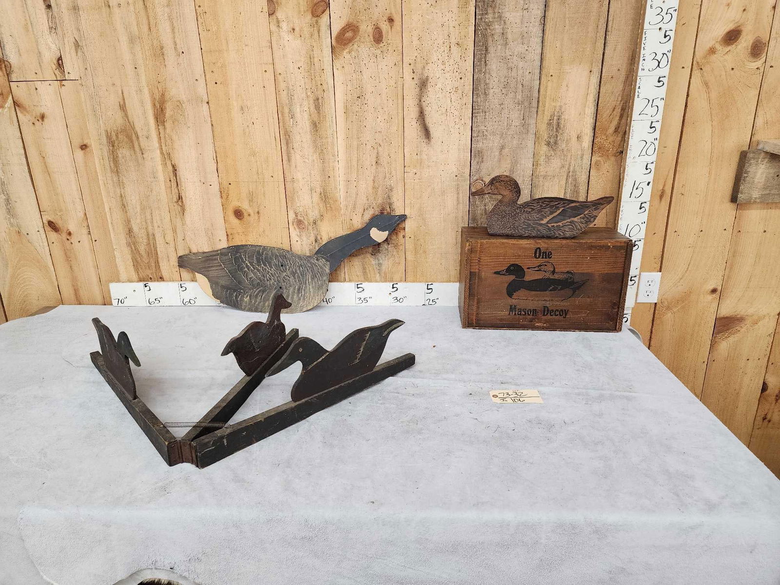Vintage Waterfowl Decoy Lot: 73.32 Includes 2 Johnson's folding fiber board folding decoys , Folk art triple folding decoy Mason Decoy wooden box