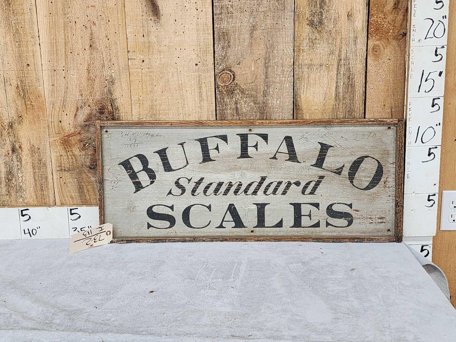 Vintage Buffalo Standard Scales Wooden Advertising Sign: 73.2 Cool vintage piece note the hand writing