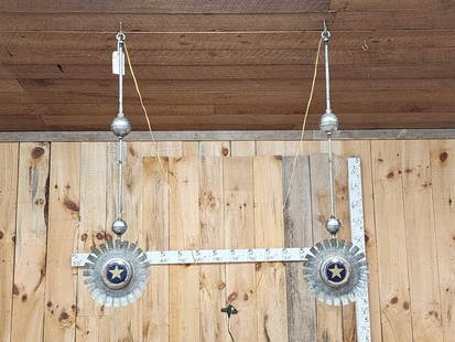 Pair Of Art Deco Hanging Lodge Lights: 73.83 Probably would have been in a lodge similar to a Mason's or Odd Fellows awesome look with re wired period correct light fixtures about 55" long x 13" wide