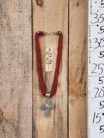 Native American Coral Seed Beaded Santo Domingo Necklas With Silver Cross Pendant