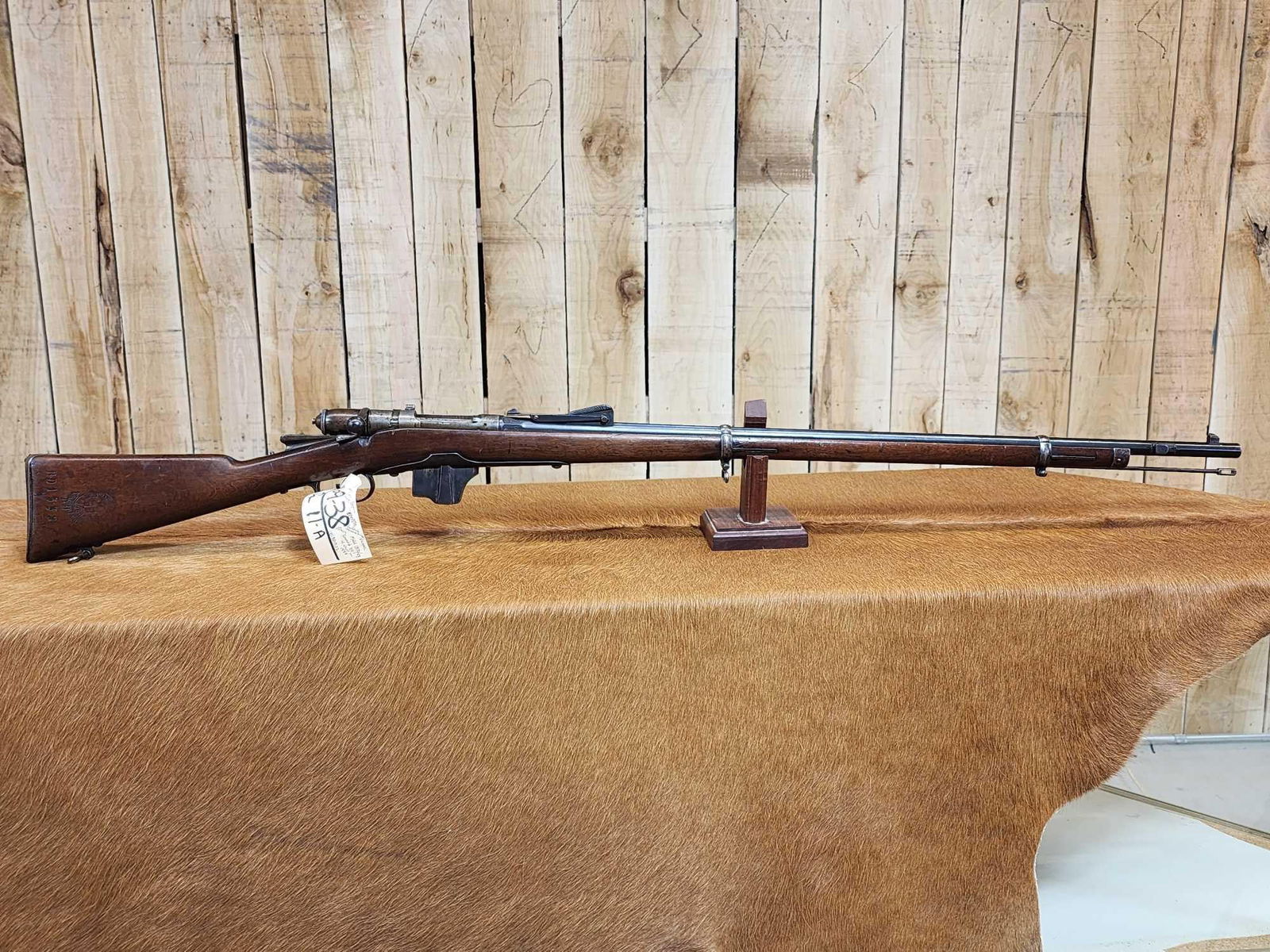 Vetterli Model 1870/87 10MM Bolt Action Rifle: 69.38 Possibly Mfg 1874 numbers matching on stock barrel according to the cartouche on the stock this gun was converted from a single Shot to a 4 shot repeater in 1888 interesting piece this is an ant