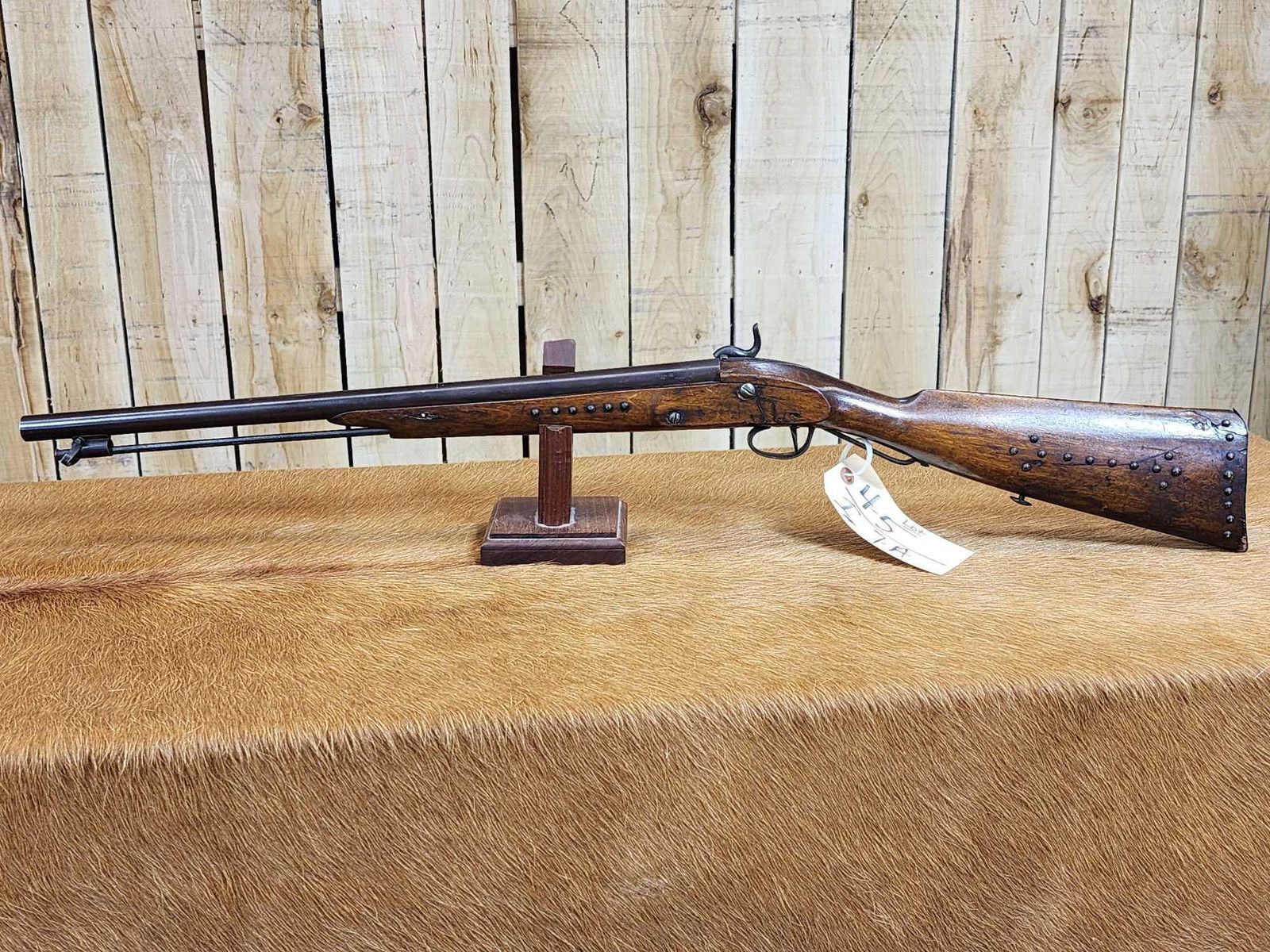 Antique Black Powder Rifle: 4.5 Native American gun spotted stock maker caliber unknown Meeteetse collection SN NA