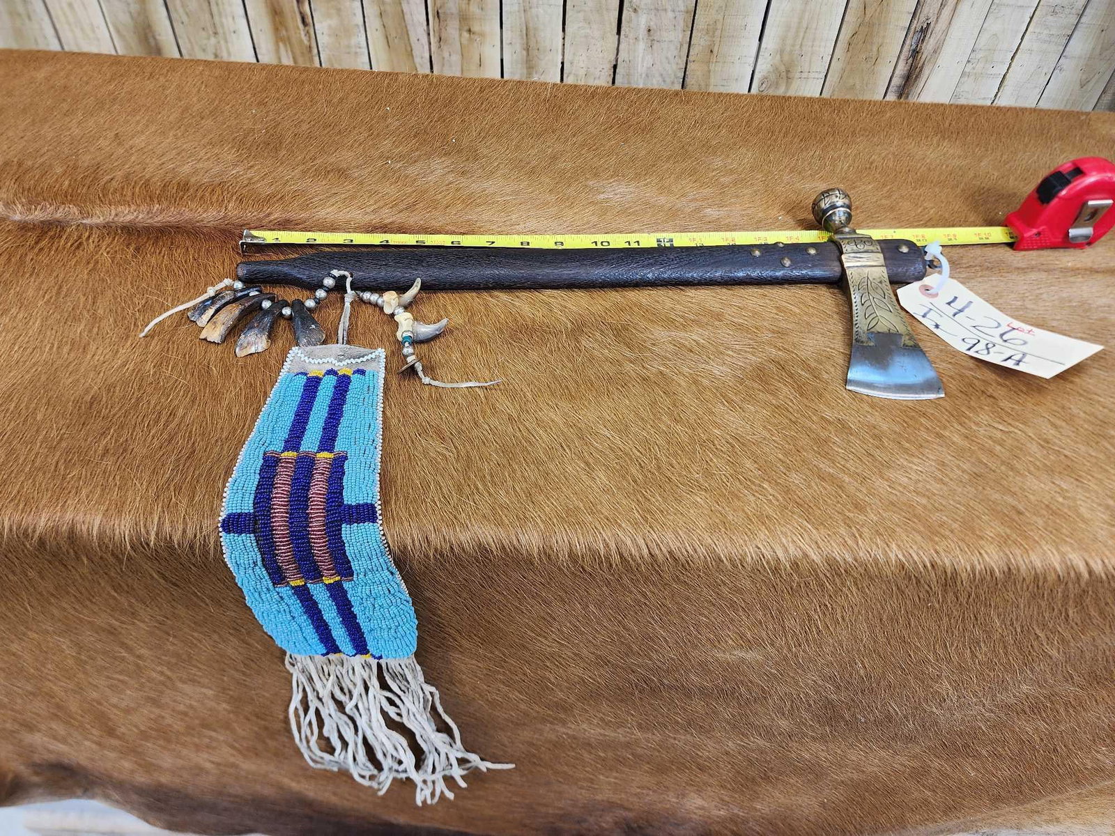 Native American Style Tomahawk Peace Pipe: 4.26 With seed beaded hanger Buffalo teeth bear claws Neat decorative piece