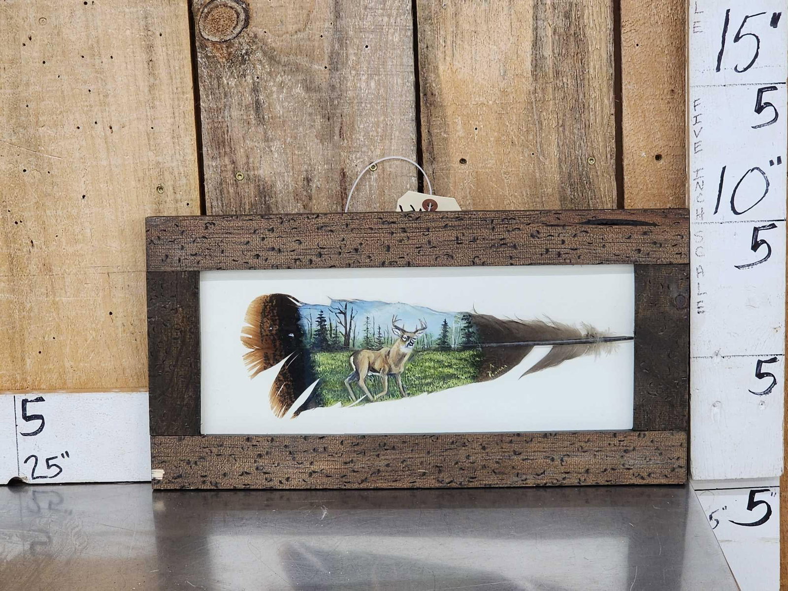 Hand Painted Turkey Feather: 45.41 In rustic frame featuring Whitetail Deer great accent piece