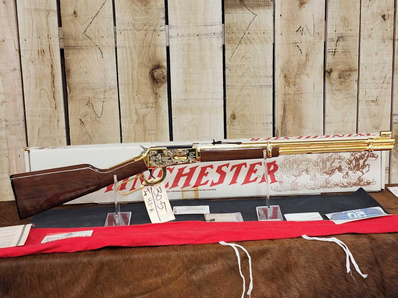 GORGEOUS Winchester Model 94 AE American Quarter Horse Association 50th Anniversary Commemorative: 30.5 New like new never fired never cycled 24 karat gold plated engraved by AA Engraving Rapid City South Dakota signed numbered 28 of 500 SN 5582615