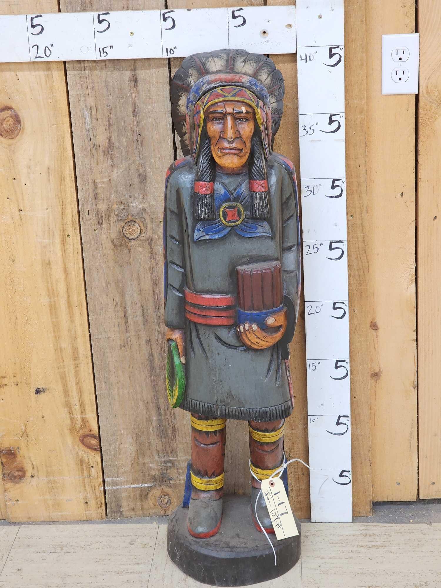 Hand Carved Wooden Cigar Store Indian: 1.27 Good color detail great accent piece for smaller spaces