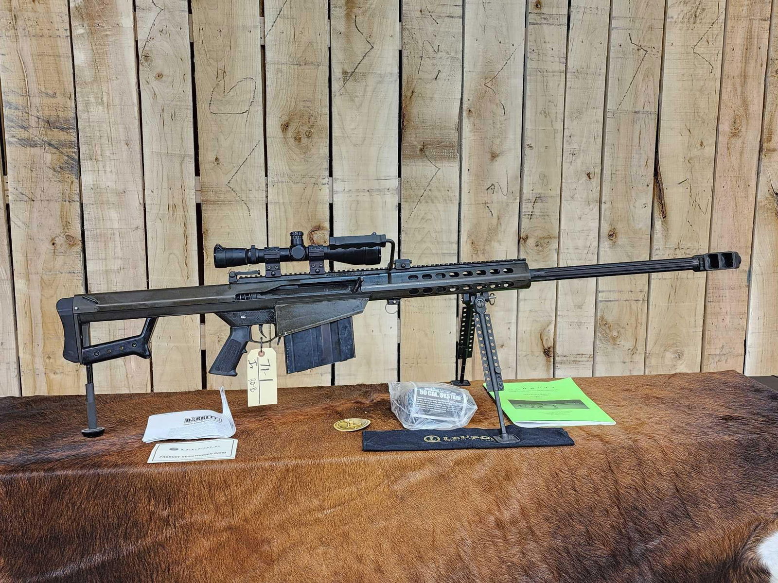 Barrett Model 82A1 .50 cal Semi Auto Rifle: 71.1 With Leupold Mark 4 4.5-14x50mm LR/T scope Pelican brand 1750 hard case 29" barrel with muzzle brake shiny bore good rifling SN 20816