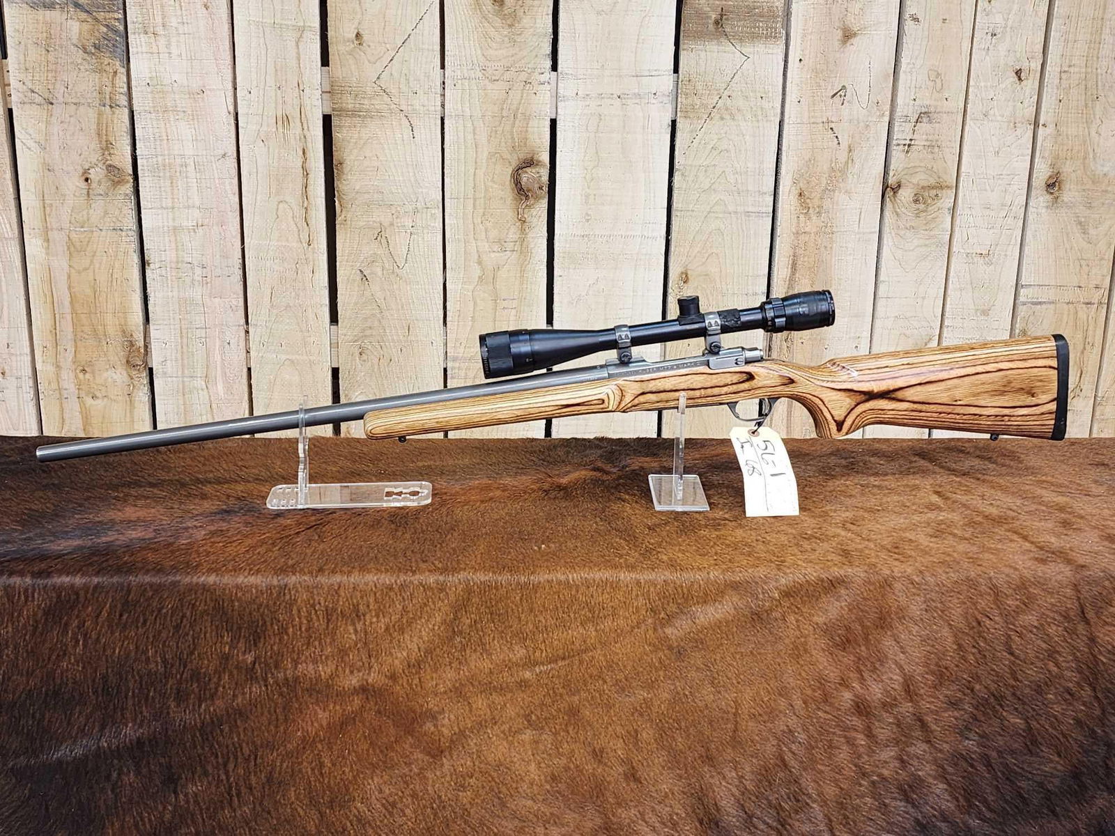 Ruger Model M77 Mark II .233 Bolt Action Rifle: 56.1 Nice gun 36" Bull barrel shiny bore good rifling brushed nickel finish laminate stock Bushnell Banner scope SN 787-71884
