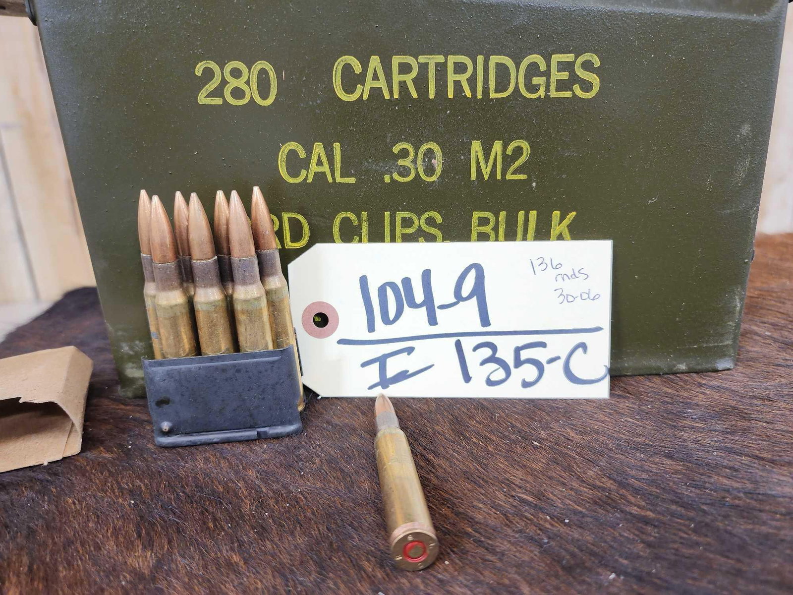 136 Rounds Of Military 30-06 Ammunition: 104.9 In 8 round clips with original ammo can