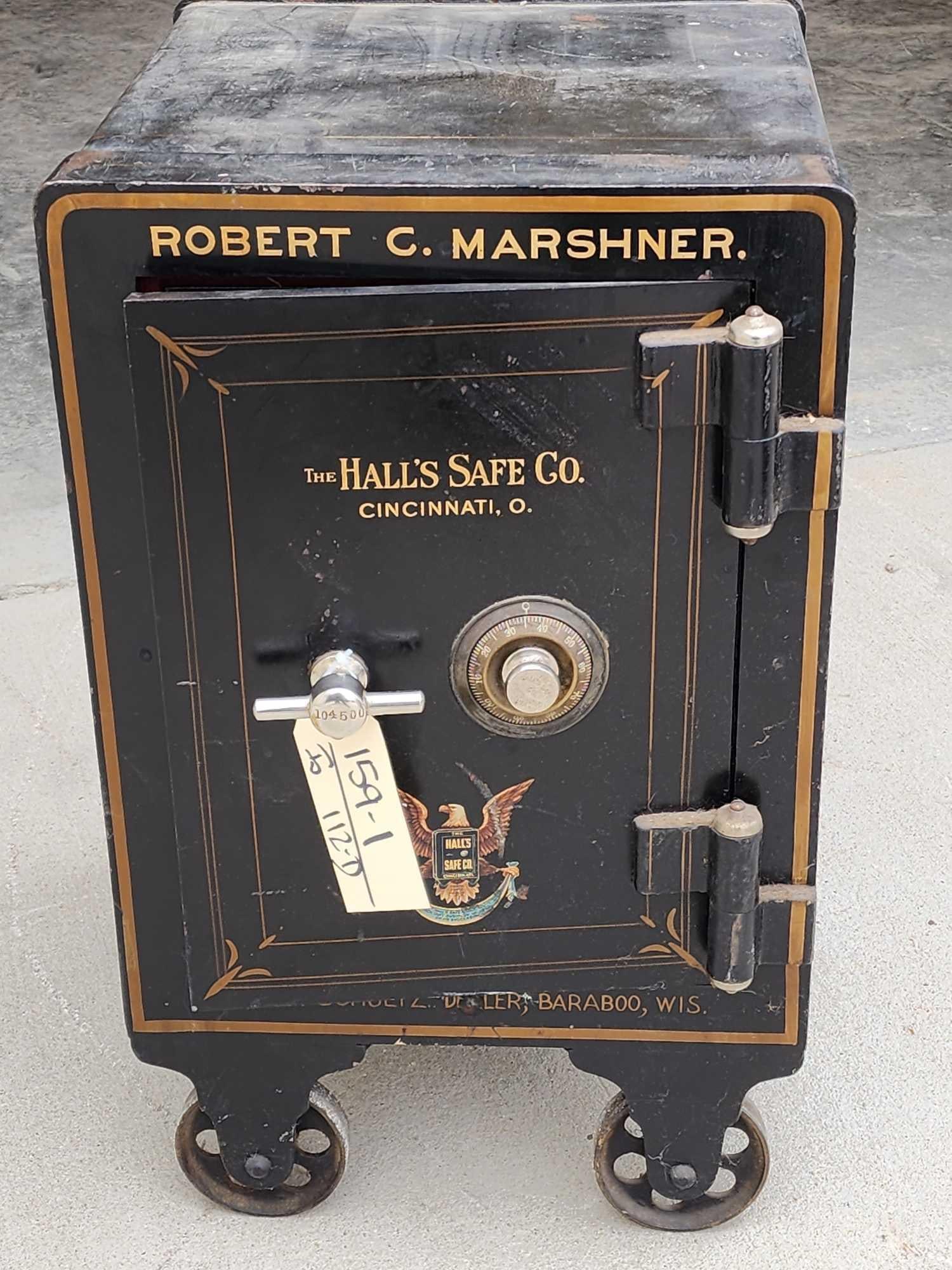 Early 1900s Halls Safe Company Combination Safe: 159.1 Awesome condition for its age marked W.R. Schultz Dealer Baraboo Wis. great vintage graphics around 200 lbs we have the combination & it opened on the first try appears to be all original paint