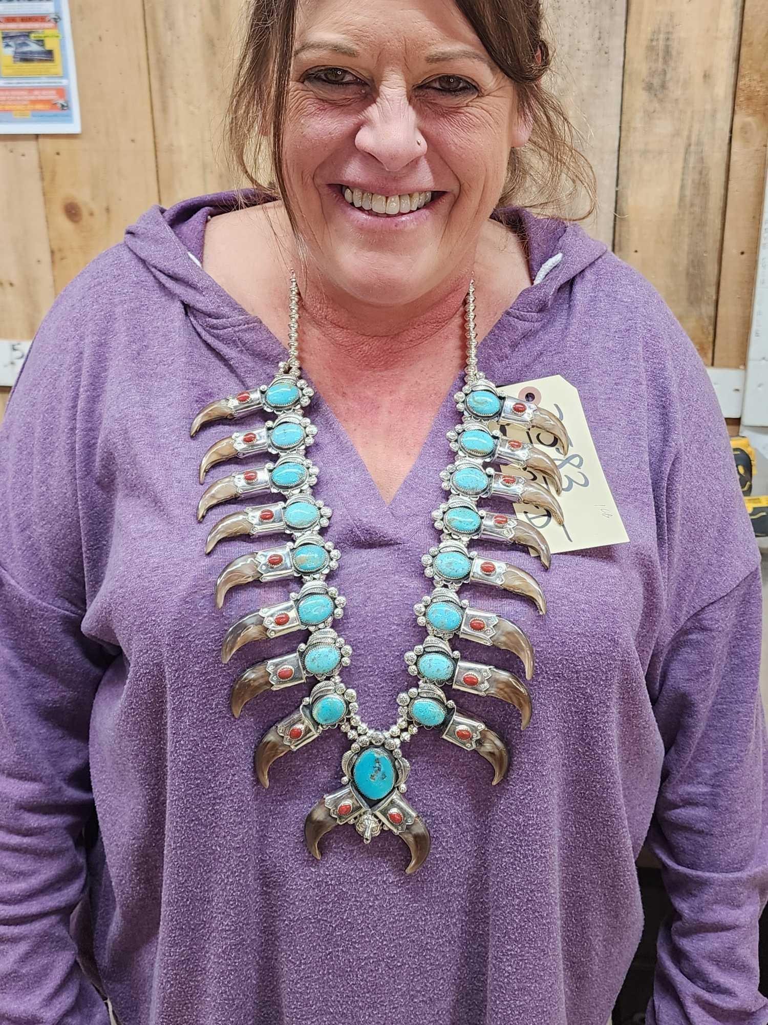 Gorgeous Navajo Squash Blossom Sterling Silver Bkack Bear Claw Necklace by Kenny Ray McNeilly Jr: 35.83 Highly detailed tooling necklace decorated with 18 black bear claws polished to a high sheen along with Turquoise Red Coral signed by now RETIRED artist Kenny Ray McNeilly Jr. Once these pieces