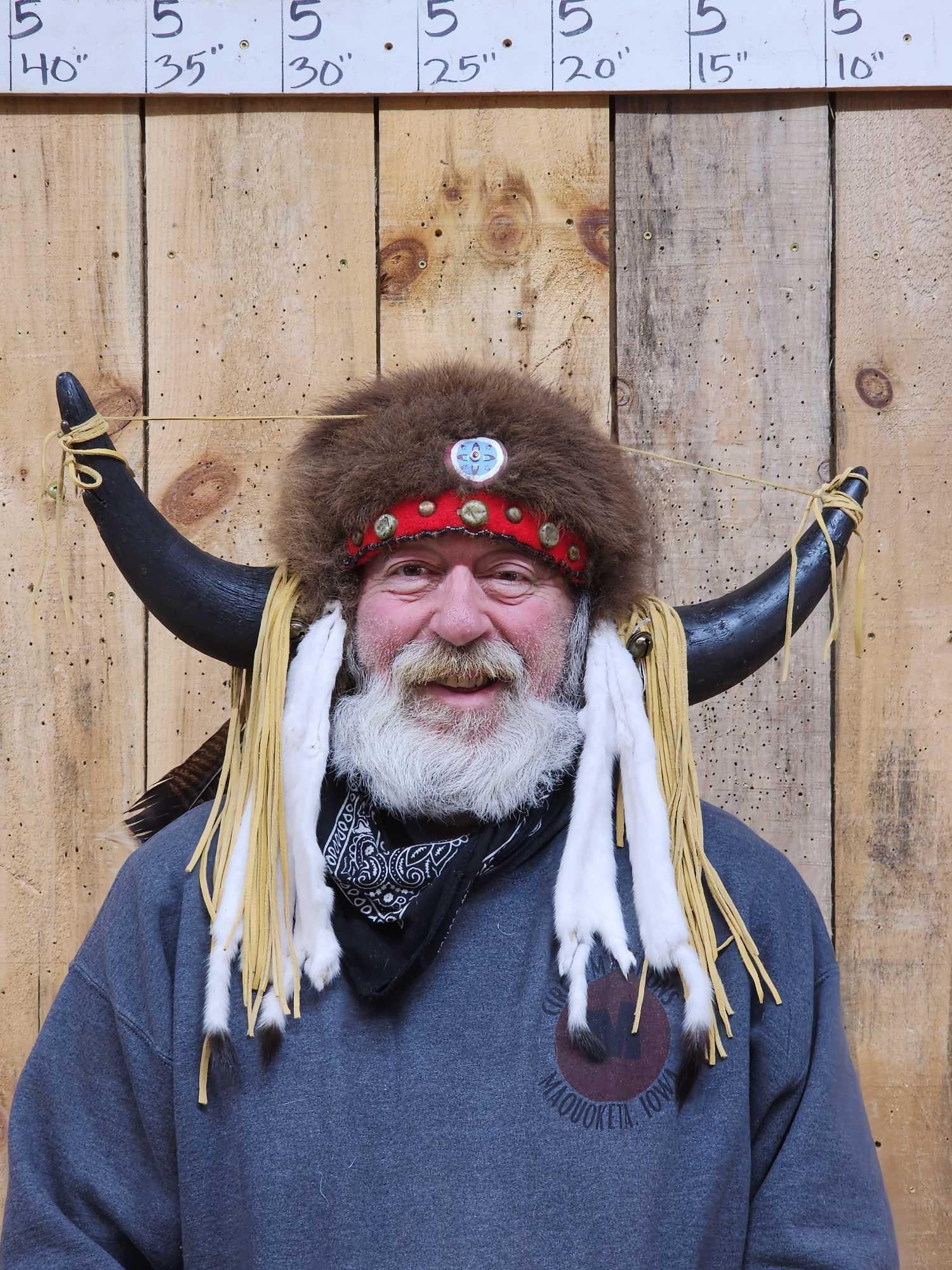 Authentic Native American Made Buffalo Head Dress: 35.121 Neat piece awesome look decorated with Ermine skins Buckskin tassels seed beaded medallion turkey feathers sure to make you a hit at any rendezvous!